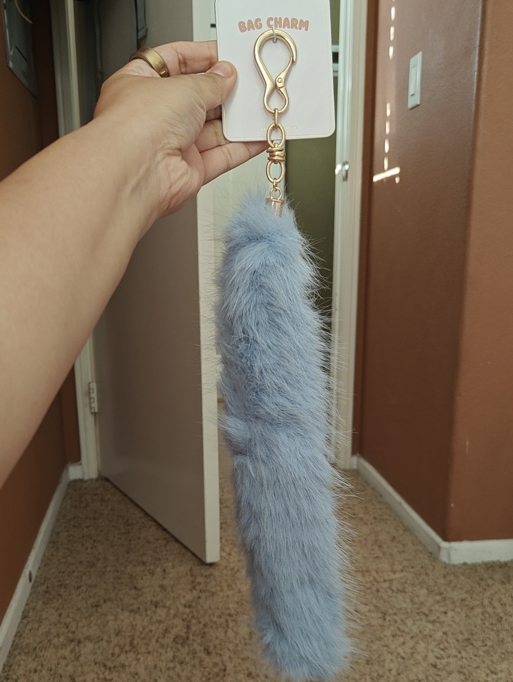 Anthropologie Dusty Blue Faux Fur Pom Keychain with Gold Hardware